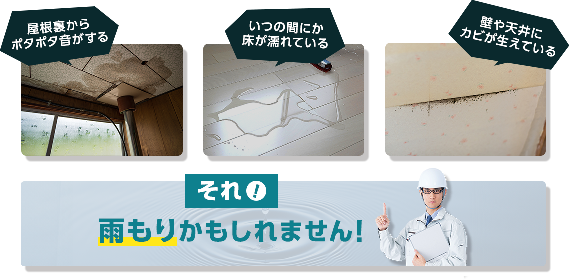 屋根裏からポタポタ音がする/いつの間にか床が濡れている/壁や天井にカビが生えている