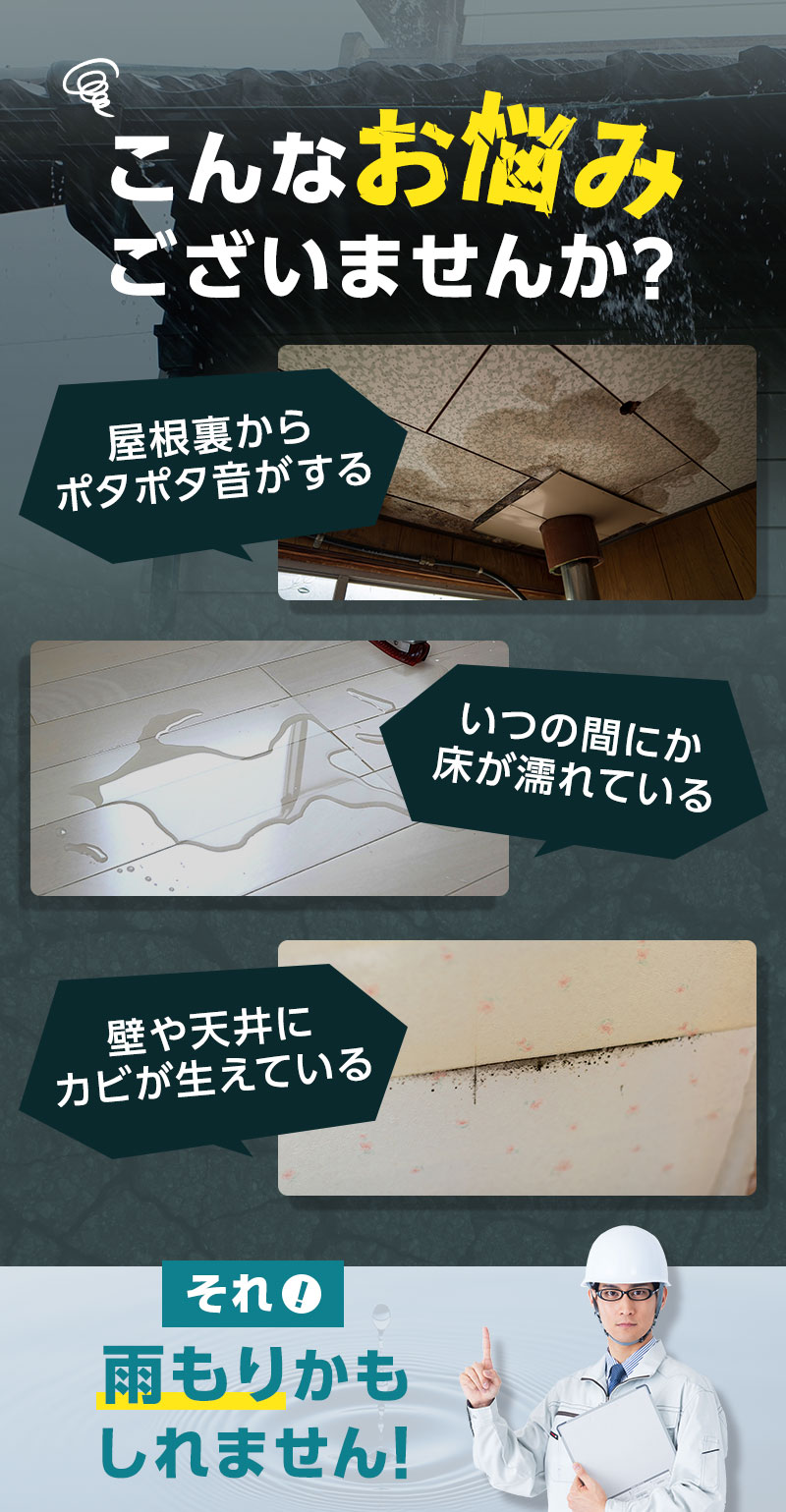こんなお悩みございませんか?屋根裏からポタポタ音がする/いつの間にか床が濡れている/壁や天井にカビが生えている